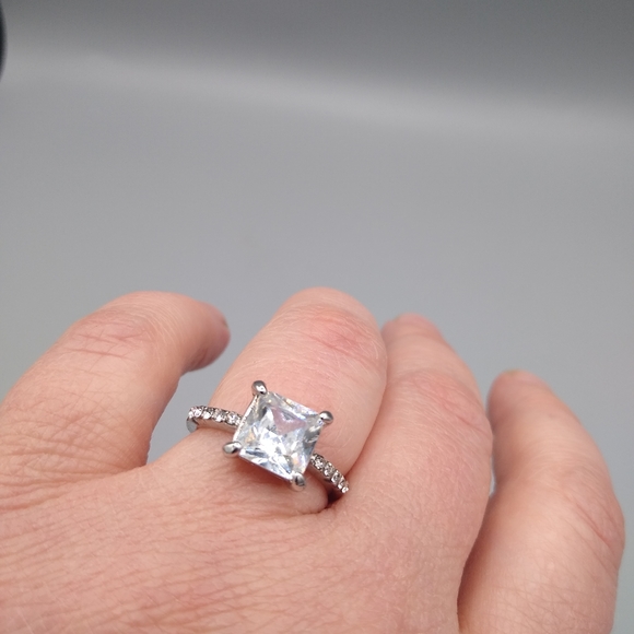 Silver Princess Cut Pavé Bridal Engagement Set - Picture 13 of 15